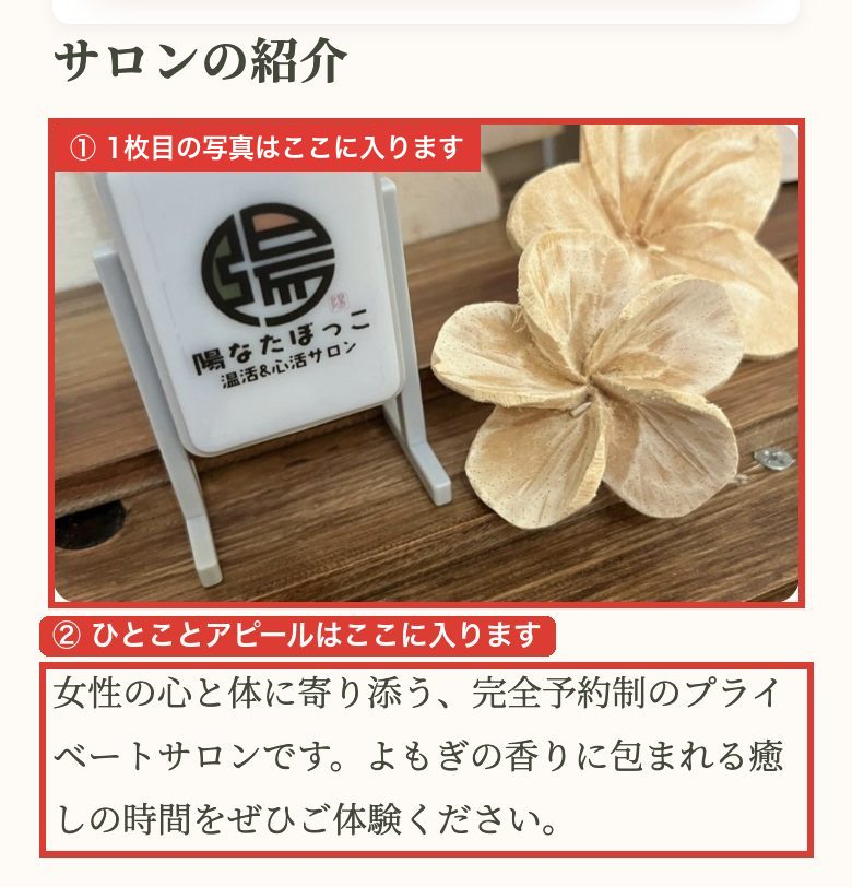 掲載ページのイメージ。上部に店舗写真、その下にサロン紹介文が表示されます